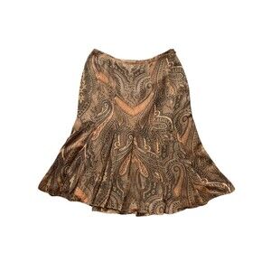 Anne Klein Sz 8 Silk Women's Midi Velvet Trim Skirt Brown Paisley Fairy Casual